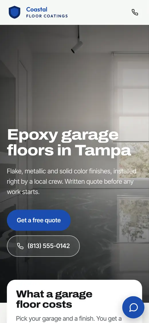 A sample contractor website on a phone: Epoxy garage floors in Tampa, with a free quote button