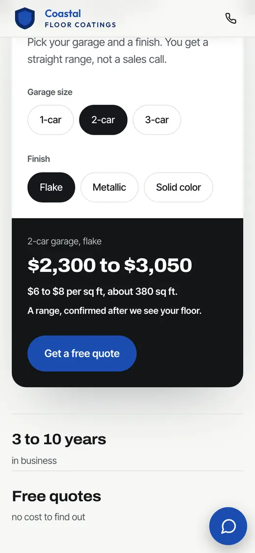The sample website showing a garage floor price range for a 2-car flake floor